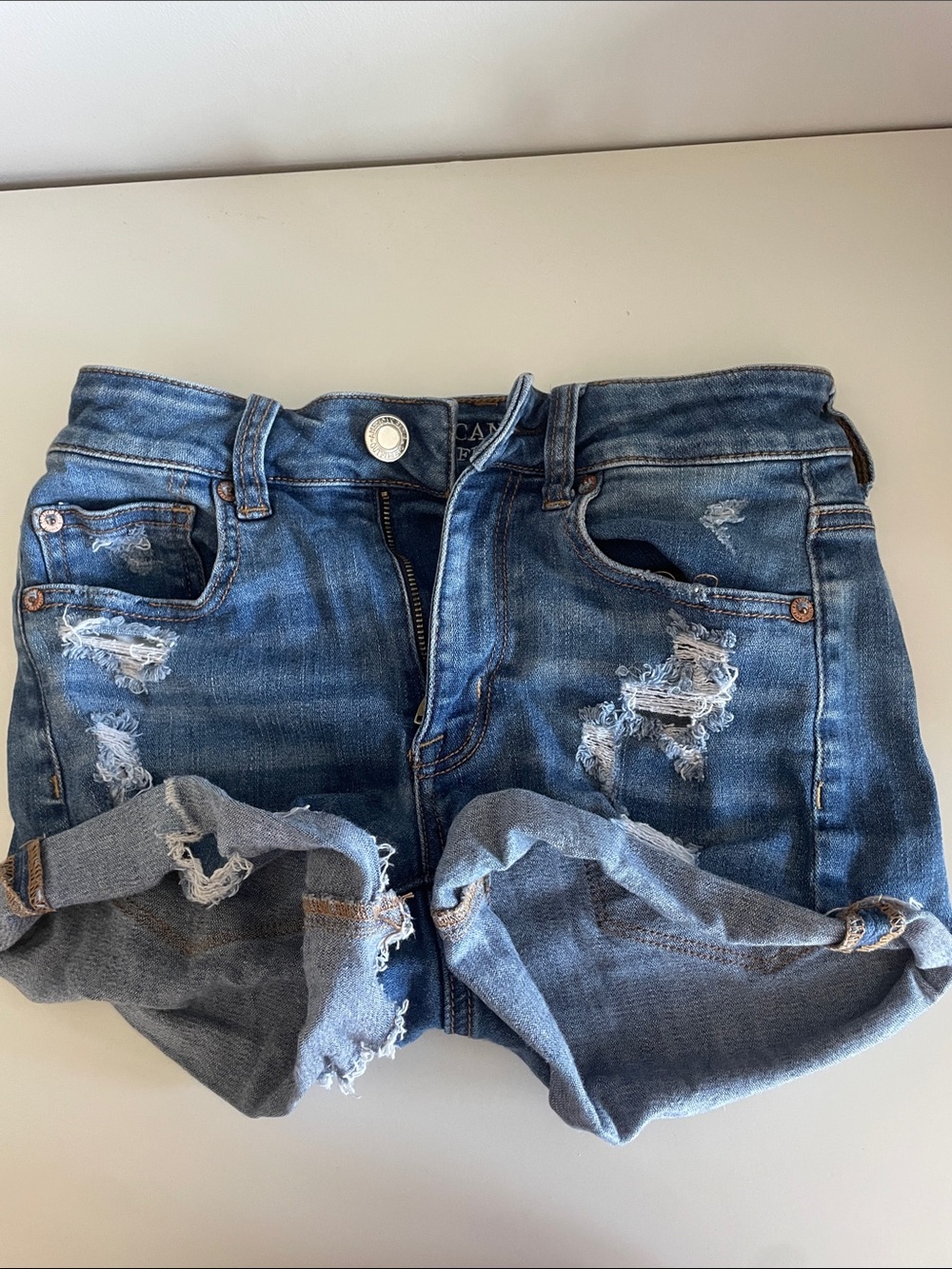 American Eagle Outfitters Distressed Rolled Hem Jean Shorts - Blue